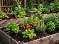Real photograph of detailed garden beds with soil and plants