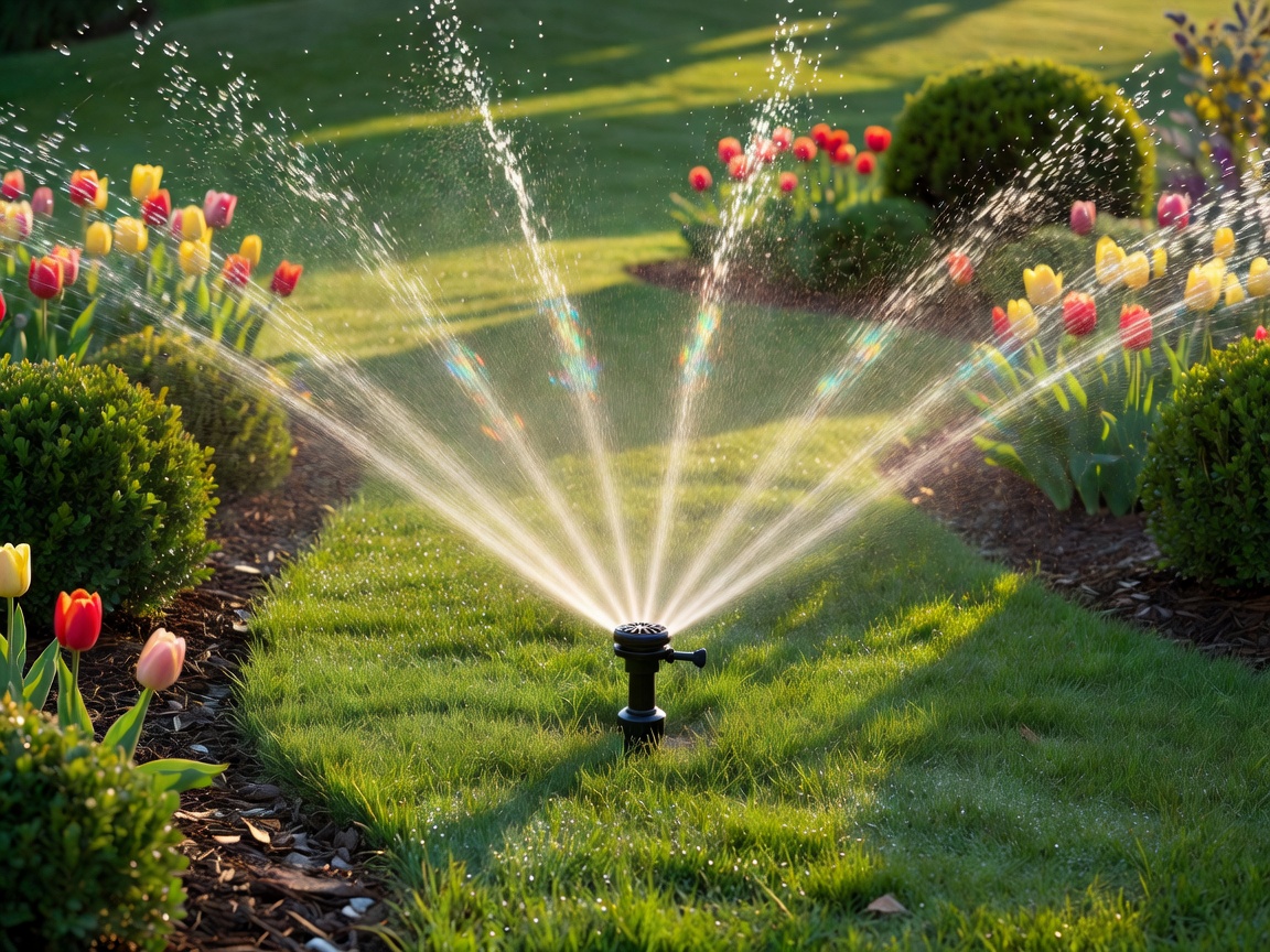Real photograph of an irrigation sprinkler system actively watering a landscaped lawn