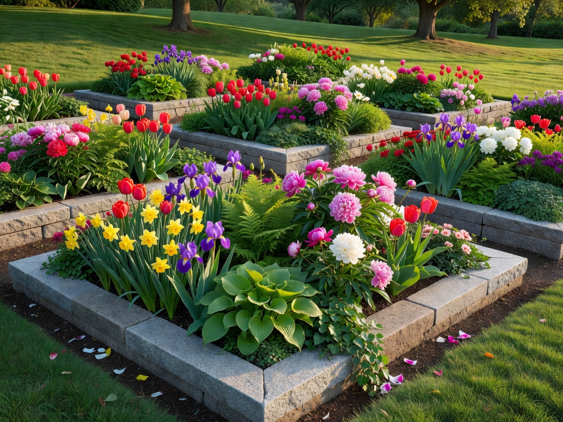Real photograph of landscaped flower garden beds with colorful plants and structured borders