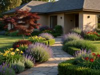 Real photograph of a landscaped front garden and home exterior