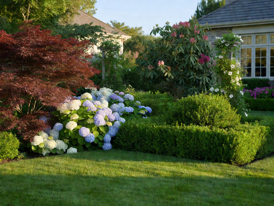 Real photograph of a professionally landscaped residential garden with mature plants and lawn