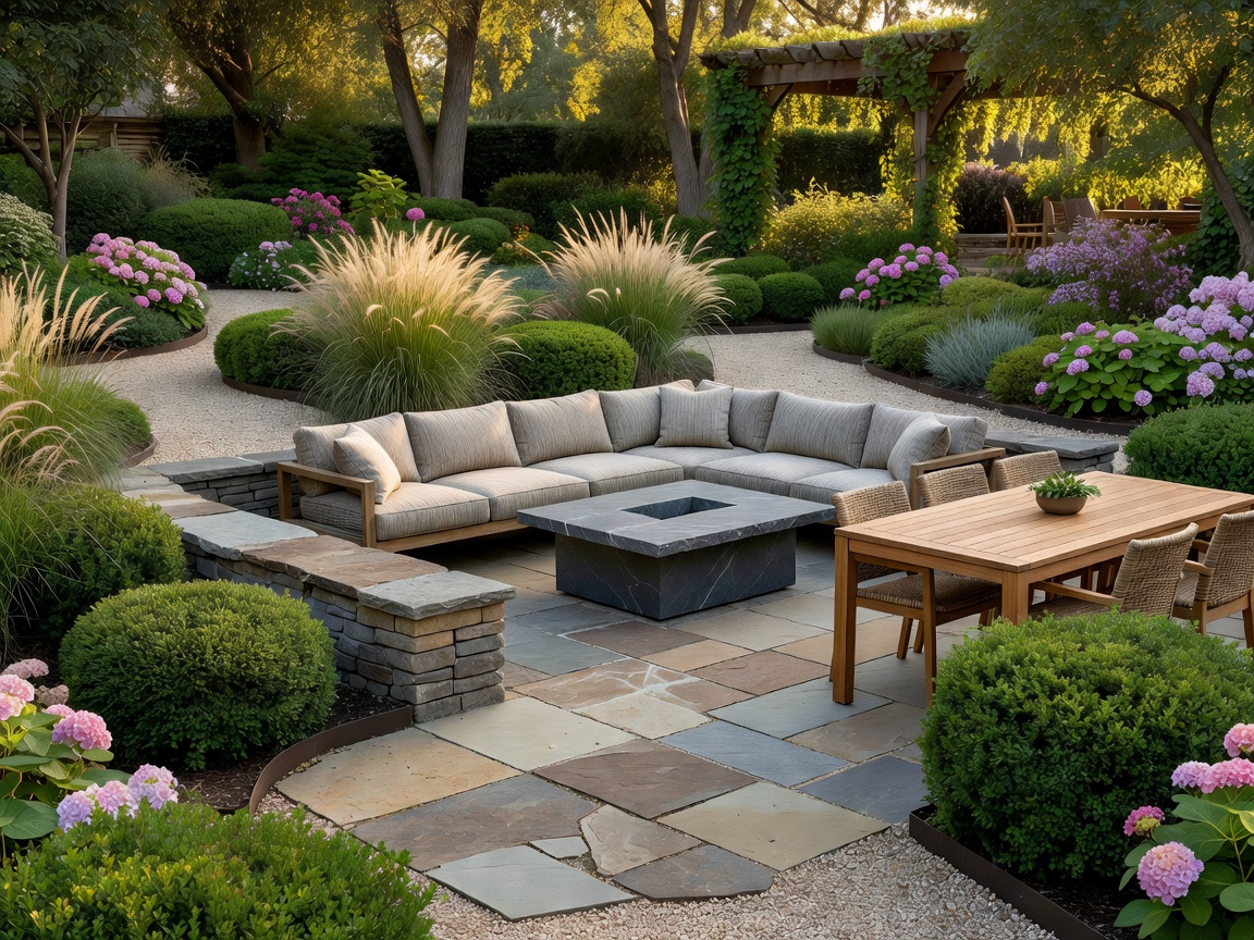 Real photograph of a beautifully landscaped residential patio and outdoor living area