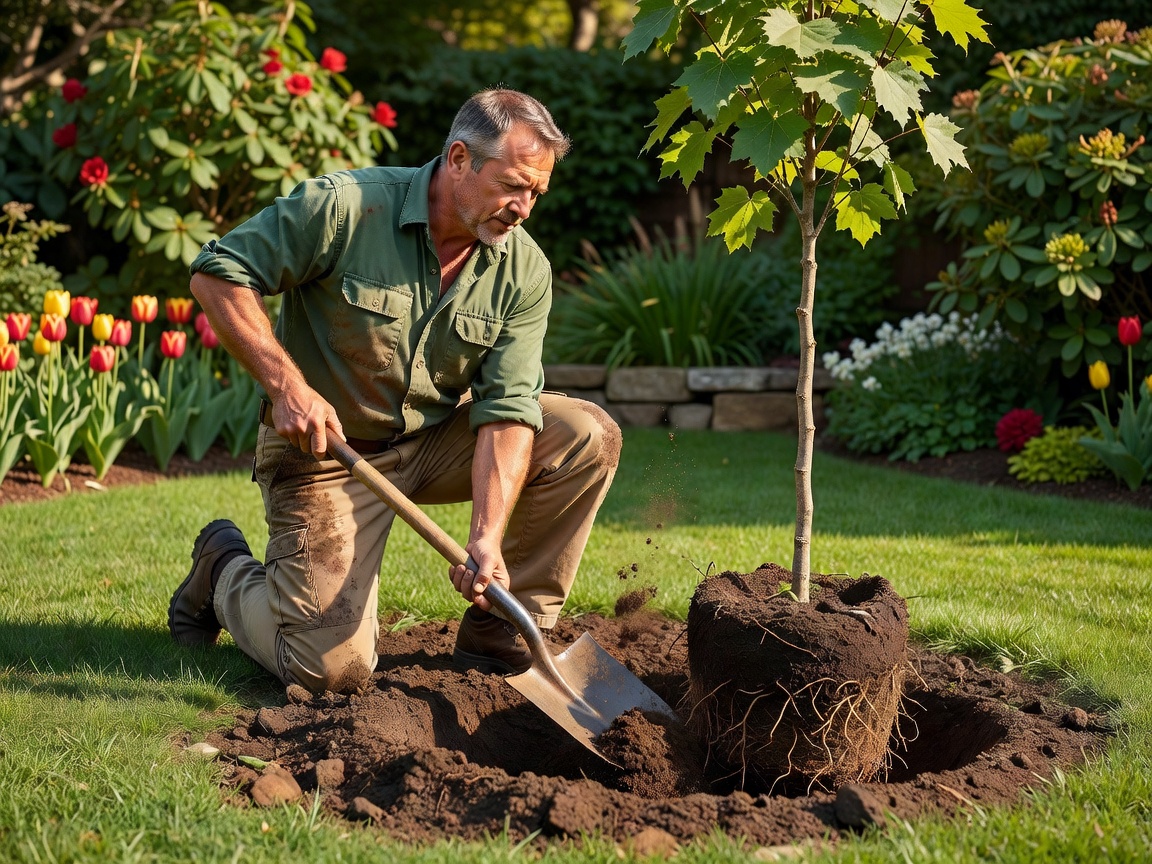 Real photograph of a landscaper digging and planting a new tree in the garden