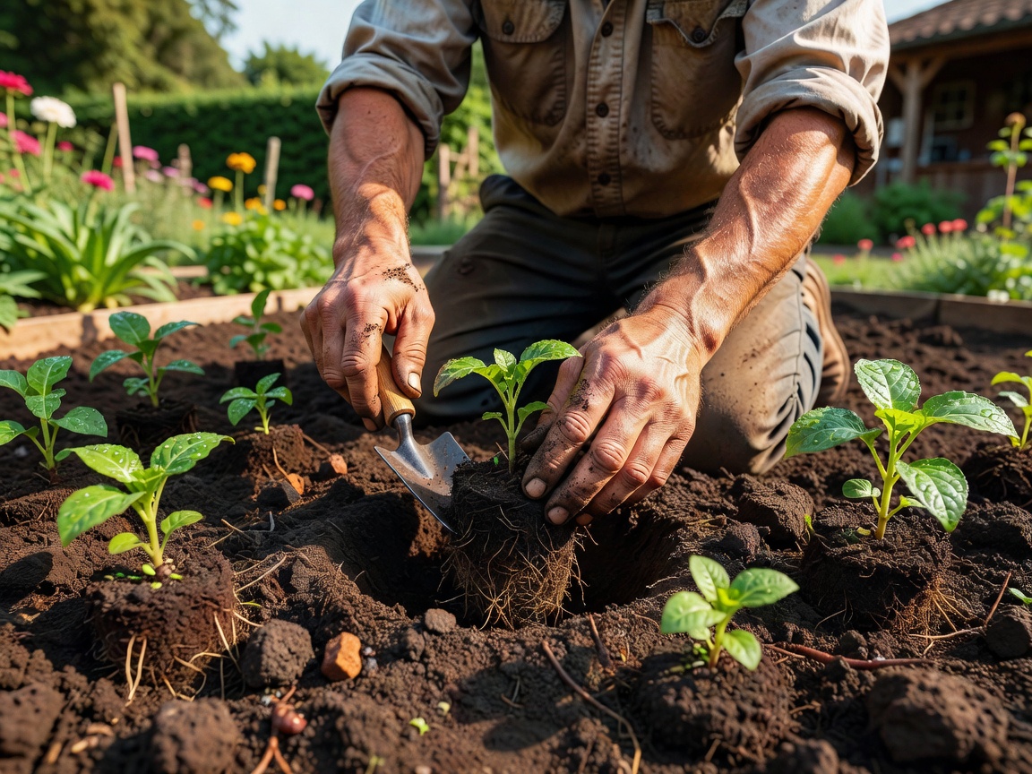 Real photograph of a landscaper's hands installing new plants in garden soil