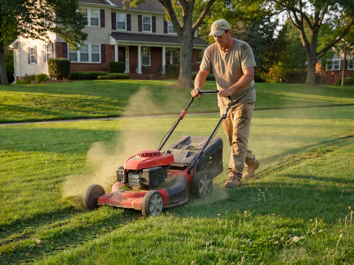 Real photograph of a landscaper pushing a lawn mower to maintain a residential lawn