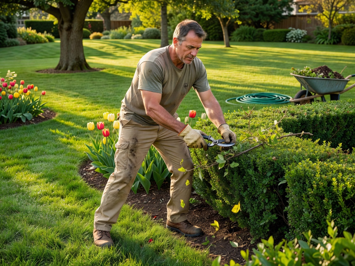 Real photograph of a landscaper performing routine pruning and general landscape maintenance
