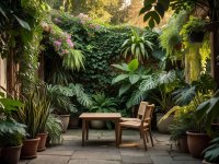 Real photograph of an outdoor patio surrounded by plants