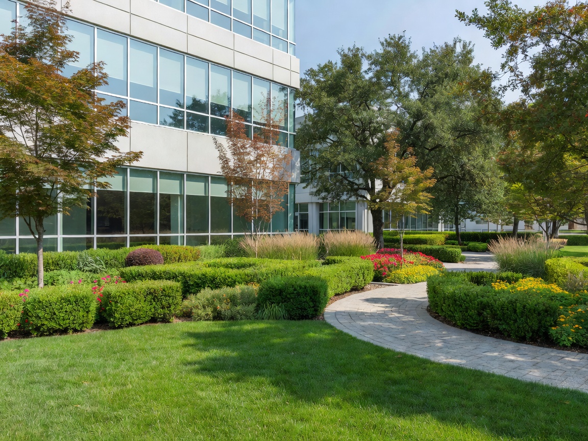Real photograph of professional landscaping outside a modern commercial building