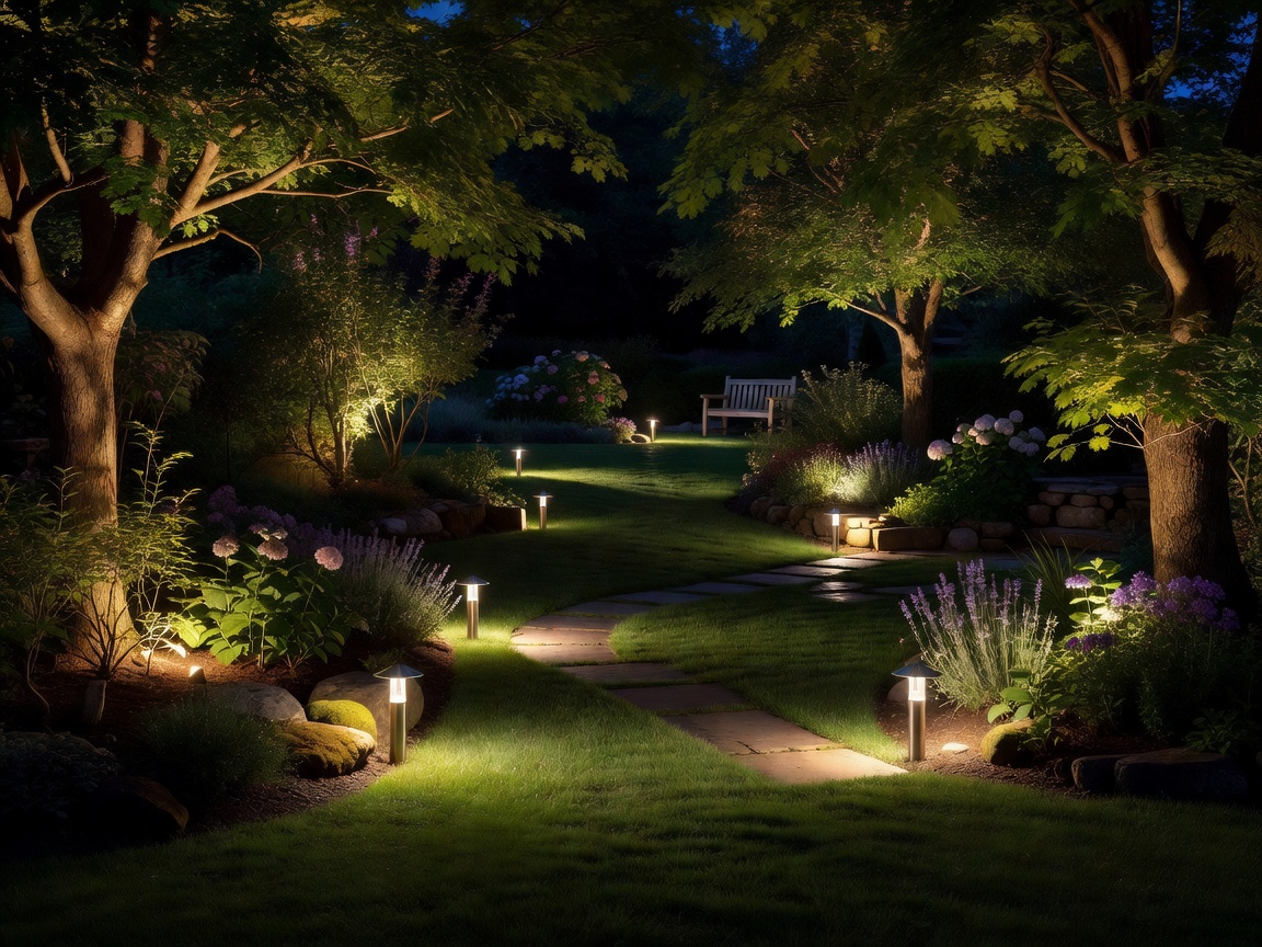 Real photograph of a residential garden illuminated with outdoor landscape lighting at night