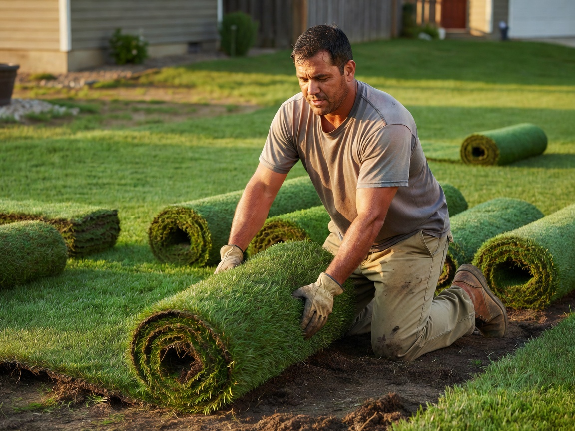 Real photograph of a landscaping worker installing fresh turf grass rolls