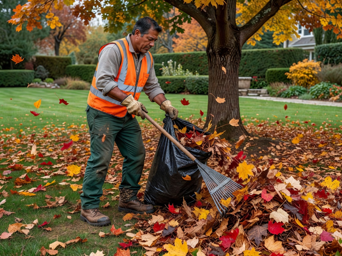 Real photograph of a landscaping worker performing autumn leaf removal and garden cleanup
